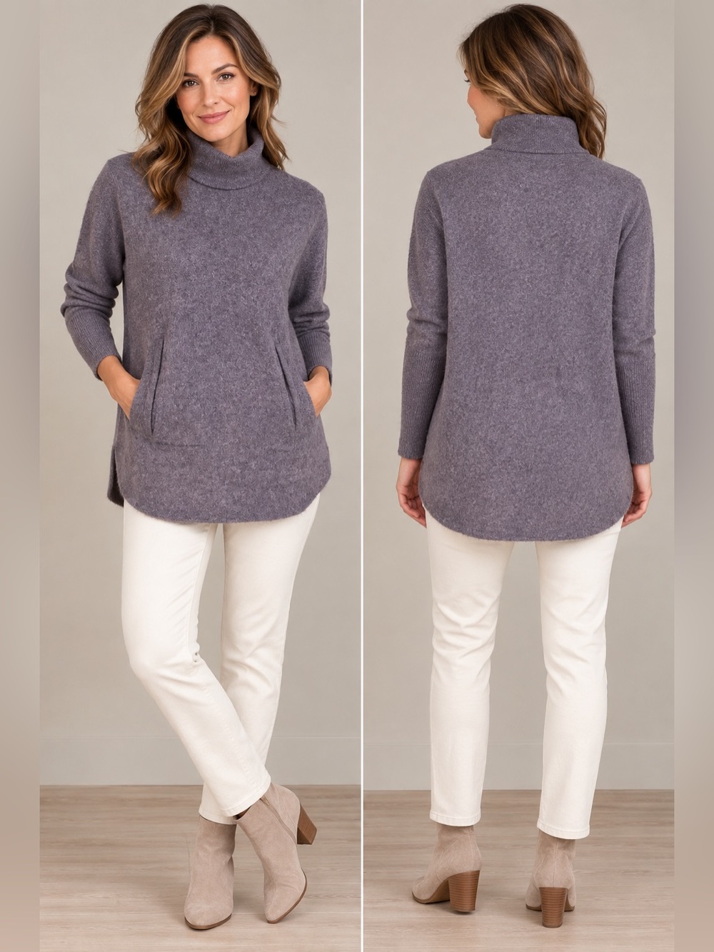 Garnet Hill Oversized Wool Cashmere Turtleneck Tunic Sweater Purple S